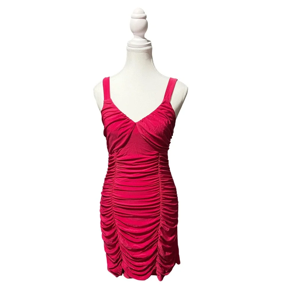 Pink Ruched Mini Dress Bodycon Y2K Club Party Stretch Body Central M - Picture 1 of 5